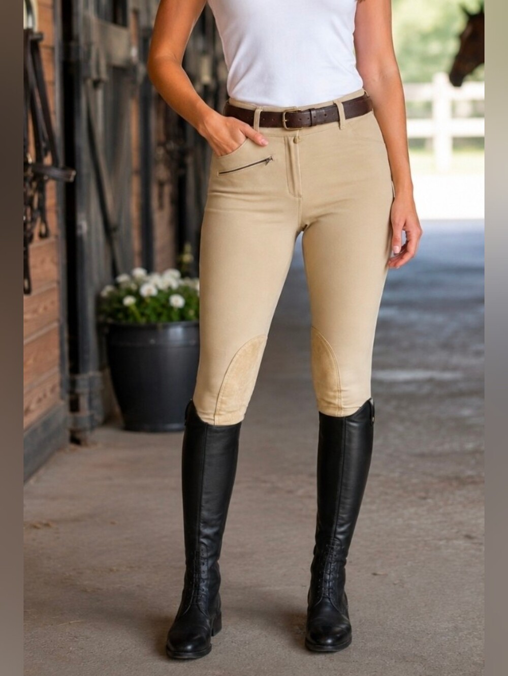USG Women’s Beige Equestrian Riding Breeches Suede Knee Patch Horseback Pants